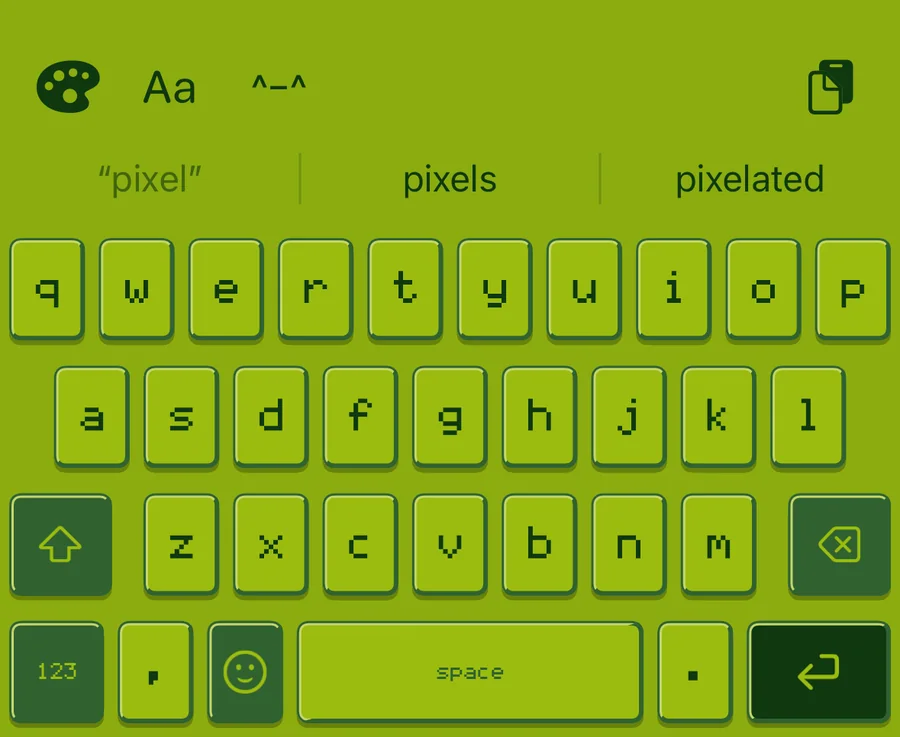 An AWKey keyboard lettered in the dot-matrix pixel font, on the green Handheld theme