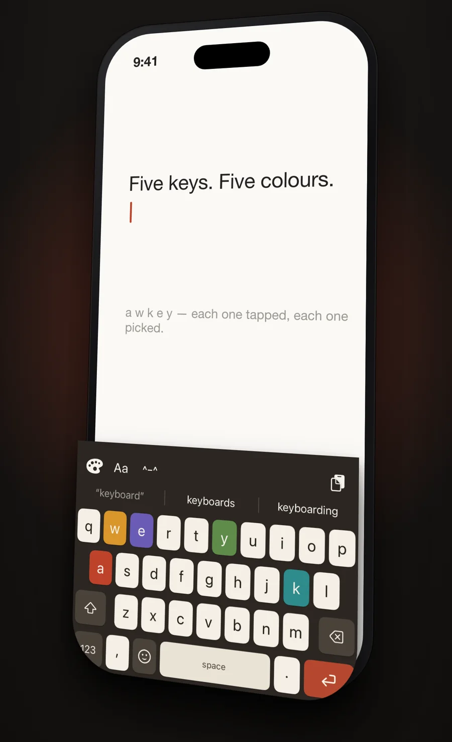 Five keys on the AWKey keyboard, each given a different colour
