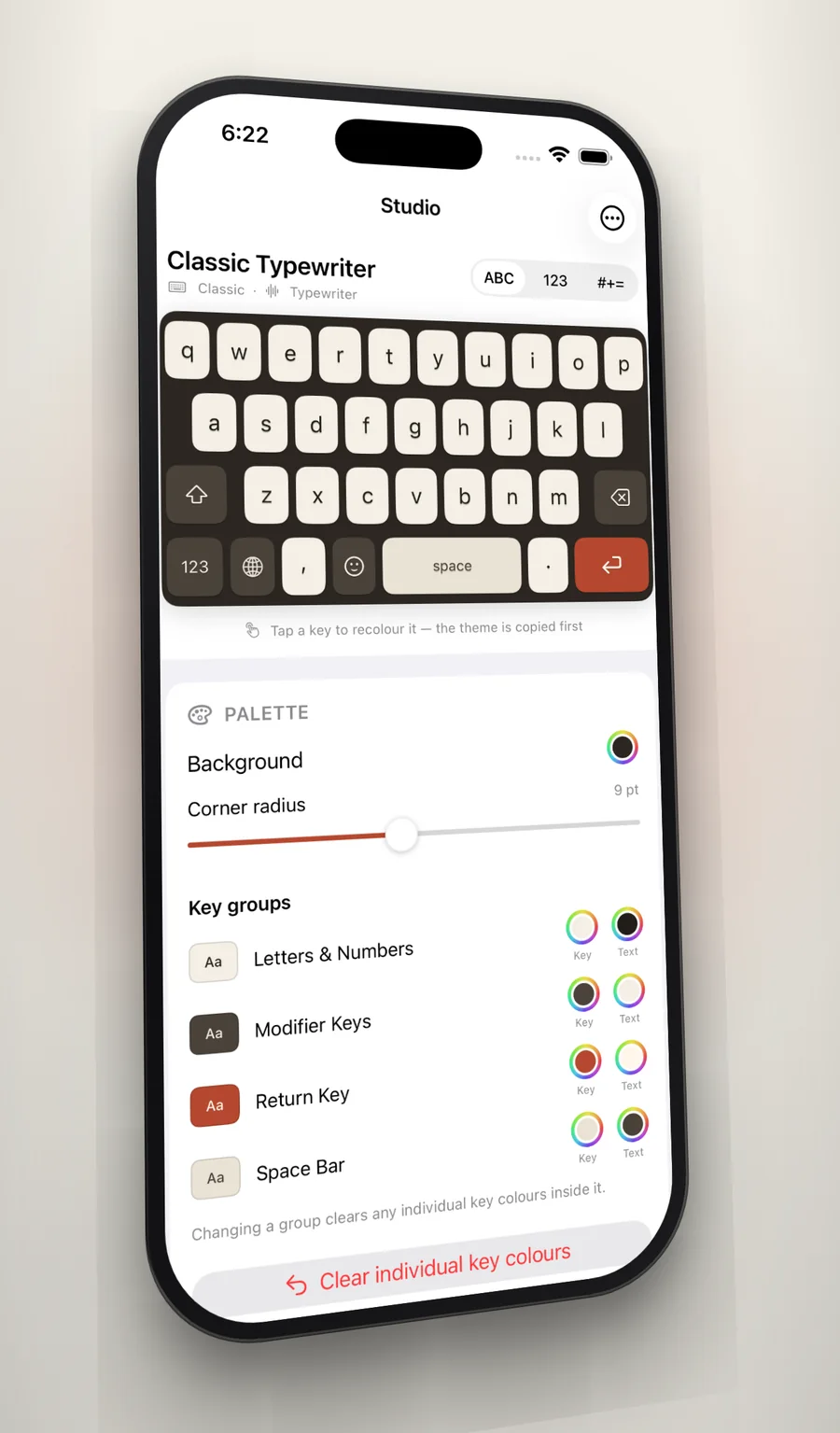 The AWKey Studio, editing a theme's palette, corner radius and key groups