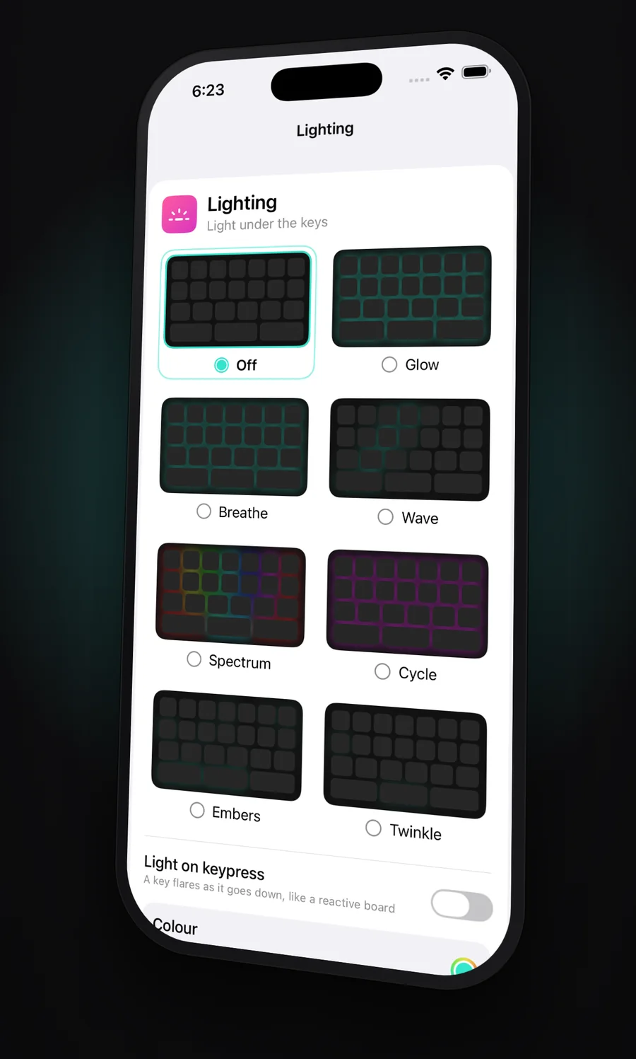 AWKey's lighting settings showing eight backlight modes as live previews