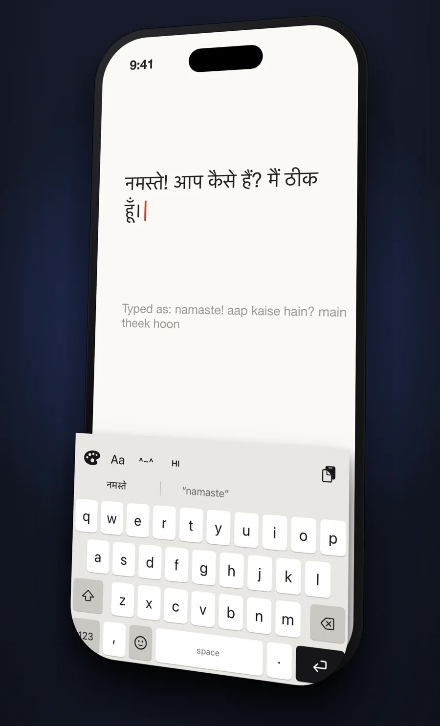 The AWKey Hinglish keyboard offering the Devanagari spelling of a sentence typed in English letters