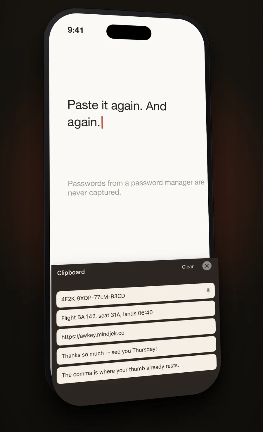 AWKey's clipboard history with recently copied items and one pinned